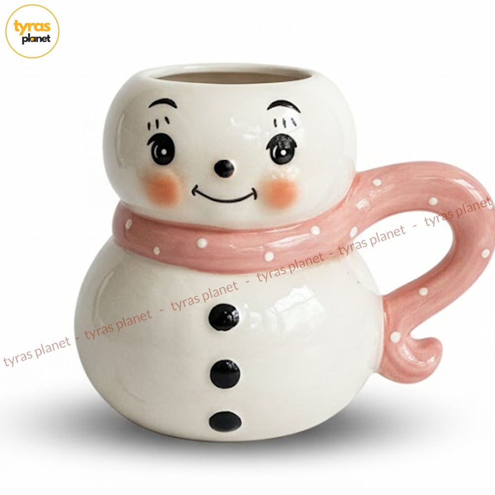 Johanna Parker Christmas Snowman Coffee Mug Pink White Figural Large Ceramic NEW